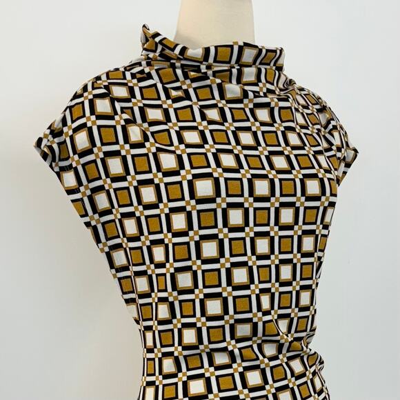 Anthropologie Maya Ruched Mini Dress Cowl-Neck Stretch Printed Gold White 1X NWT - Picture 4 of 12